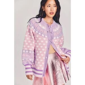 LoveShackFancy Amalo Boyfriend Cardigan Sweater Macaron Pink heart bow size S